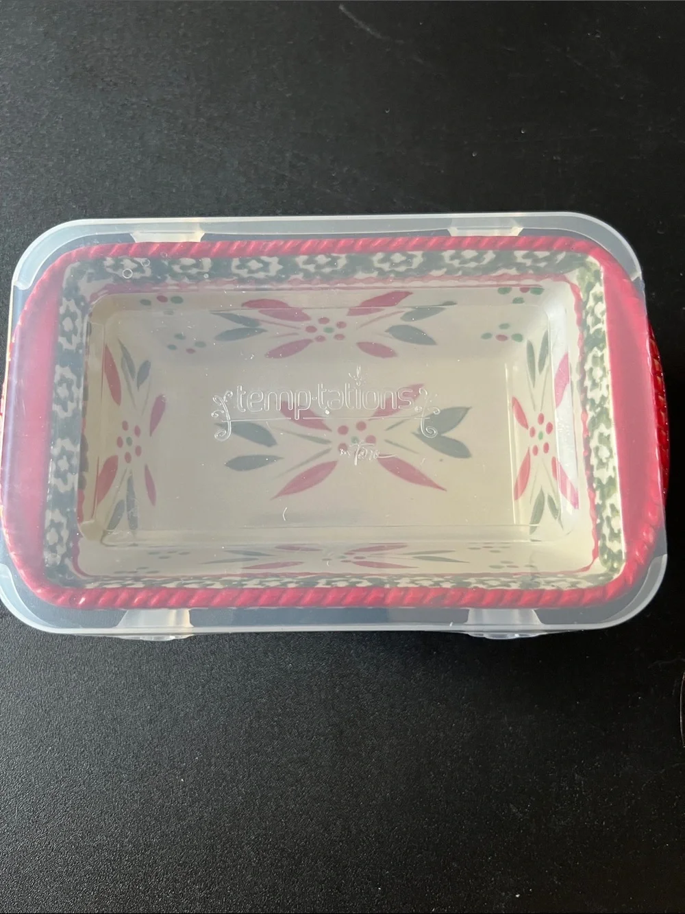 Temptations Tara holiday Floral Ceramic Loaf Baker with Clear Lid 12oz